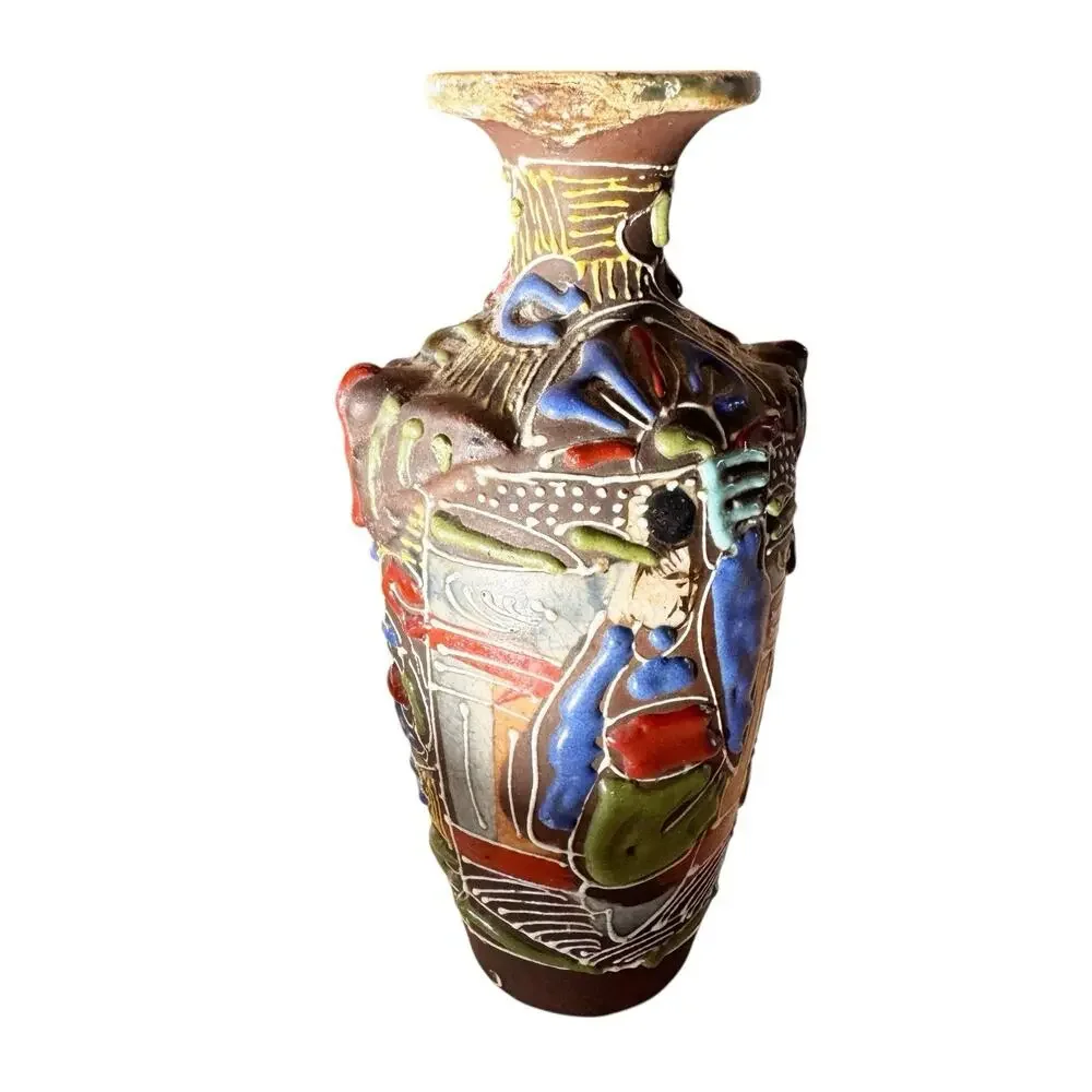 Japanese Satsuma Style Moriage Bud Vase Hand Painted Ceramic 6” + Jar W Lid 4”‎